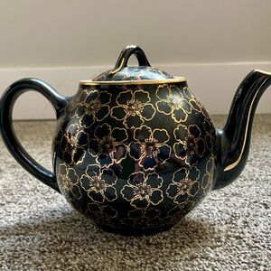 Hall 6-Cup Black and Gold Floral Ceramic Art Teapot
